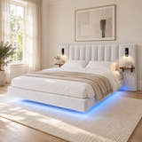 Maida floating bed in white velvet with its built-in bedside shelves and reading lights, in a bright bedroom (AI-generated illustration of this frame; bedding for illustration, mattress not included)