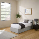 Hackney corduroy ottoman bed frame, in grey, in a bright bedroom