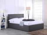 Hammersmith grey fabric ottoman bed with a buttoned headboard, in a bright bedroom