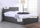 Hammersmith grey fabric ottoman bed with a buttoned headboard, in a bedroom with its height, width and length marked