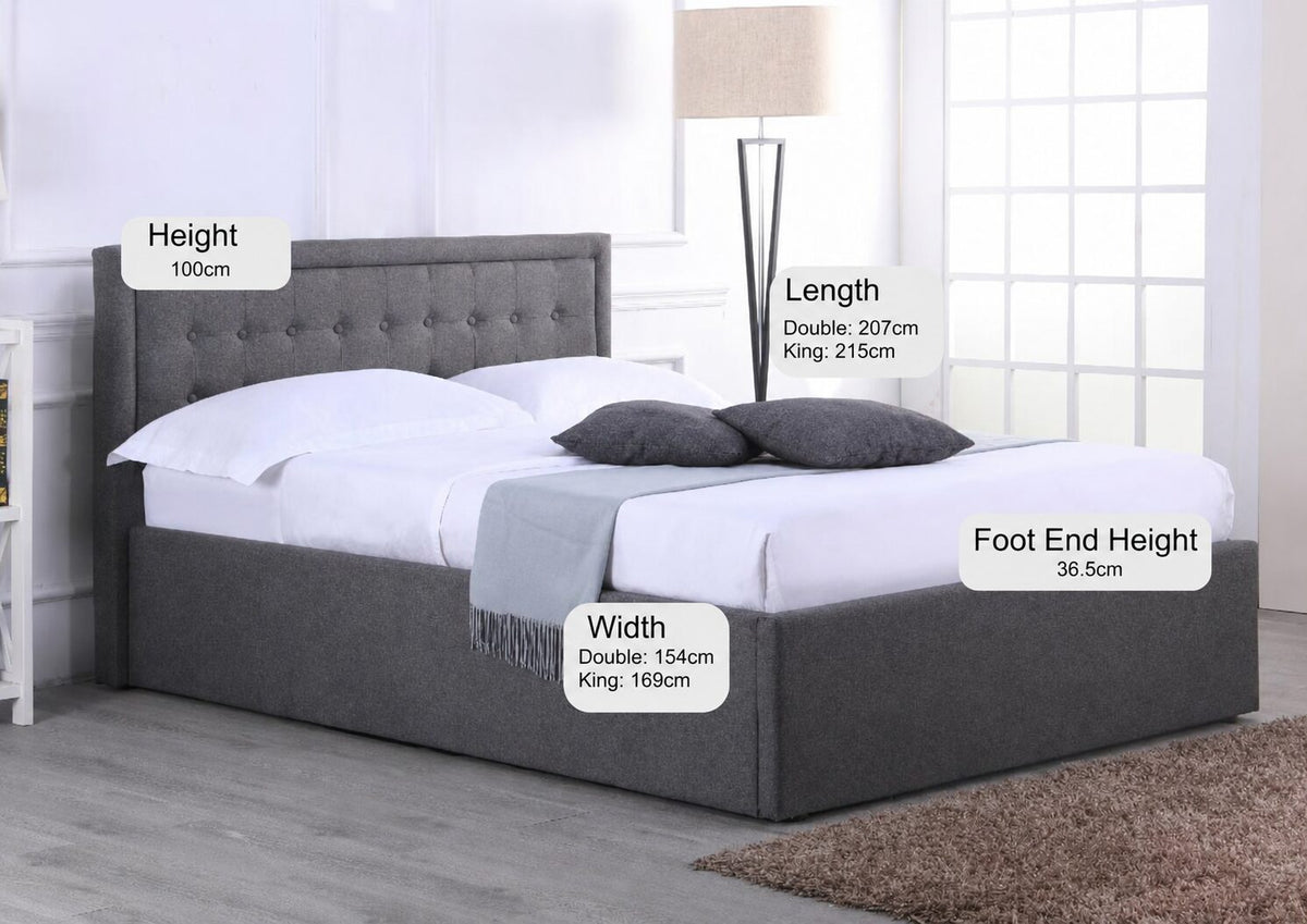 Hammersmith grey fabric ottoman bed with a buttoned headboard, in a bedroom with its height, width and length marked