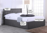 Hammersmith grey fabric ottoman bed with a buttoned headboard, in a bedroom with its height, width and length marked