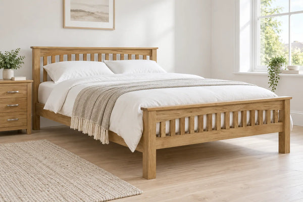 Hampstead solid oak super king bed, shown in a bright UK bedroom