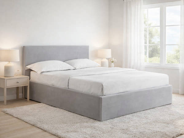 Highbury ottoman bed in light grey wool-effect fabric, in a bright bedroom