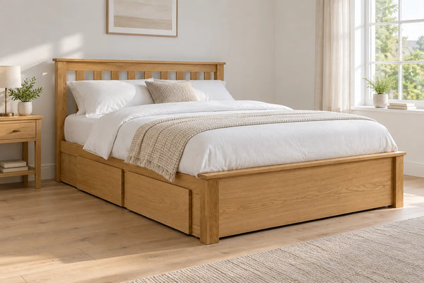 Holborn natural oak super king storage bed, shown in a bright UK bedroom
