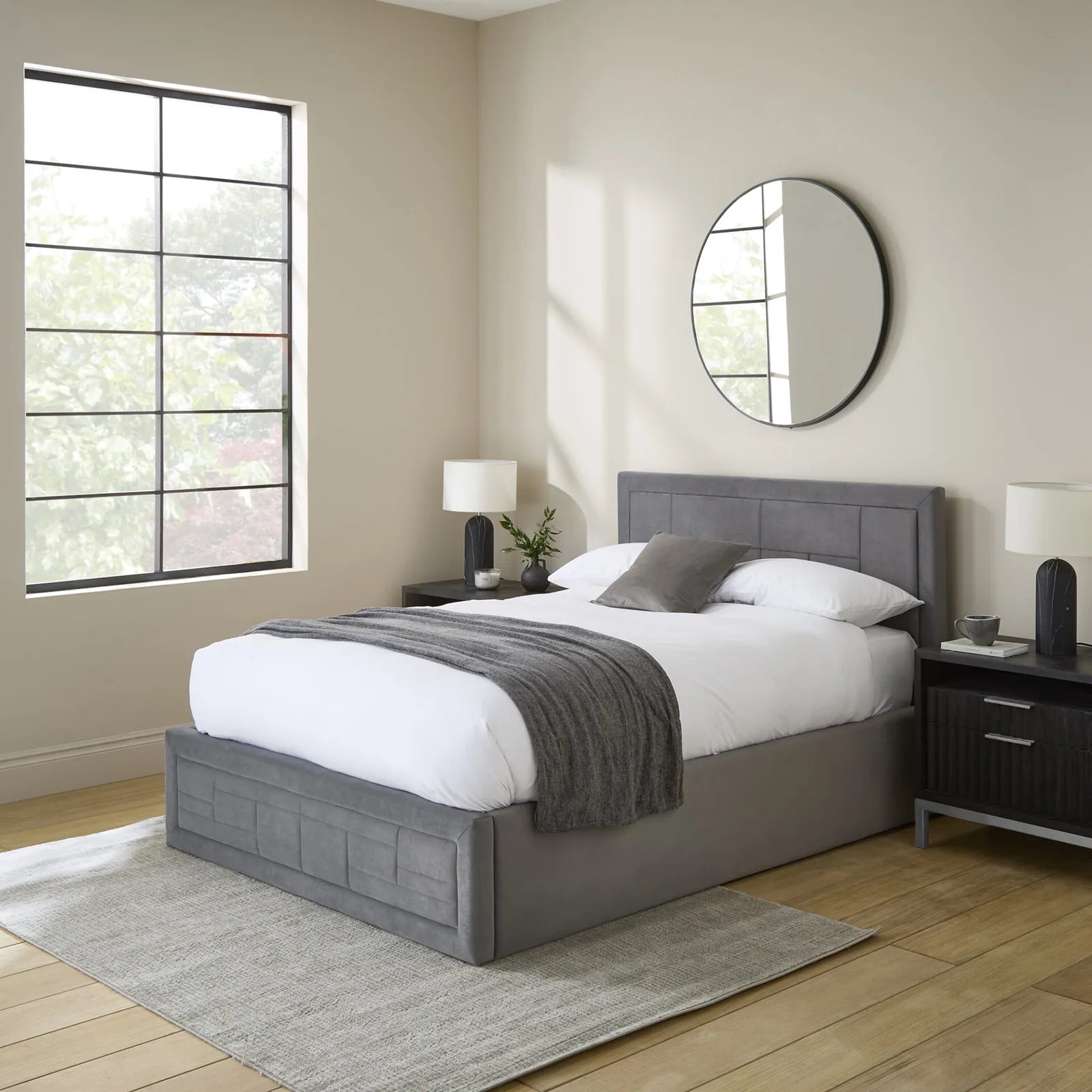 Holland velvet ottoman bed frame with a deep padded headboard