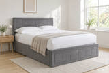 Holland velvet ottoman bed with a deep padded headboard, shown in a bright UK bedroom