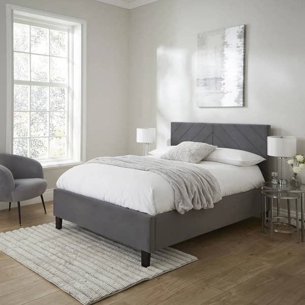 Hoxton ottoman bed frame in grey velvet with a chevron headboard