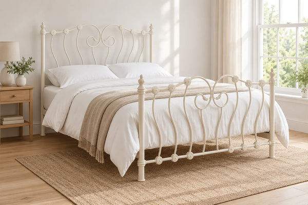Inova ivory Victorian style metal king size bed, shown in a bright UK bedroom