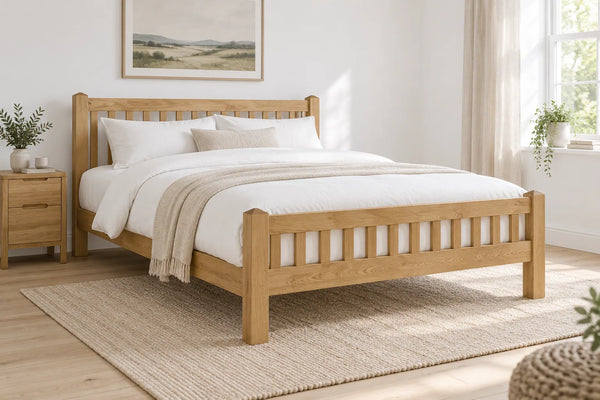 Islington solid oak super king bed, shown in a bright UK bedroom