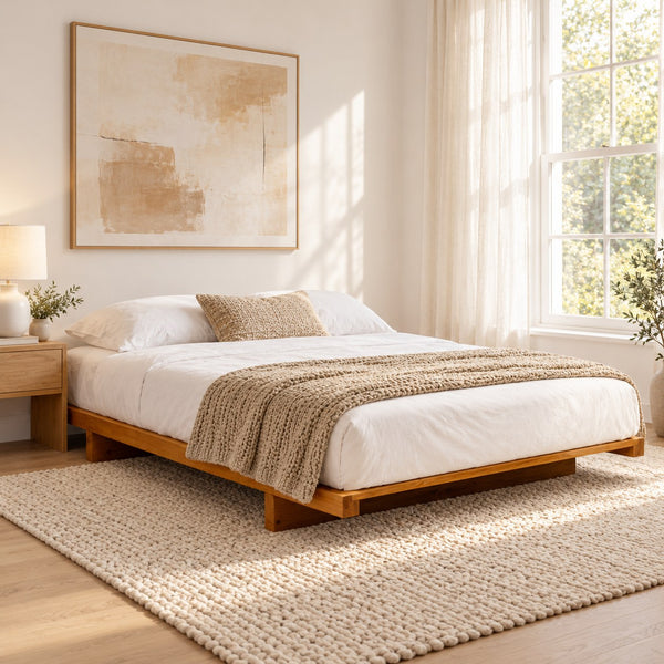 Barbican Japanese style low bed in solid pine, medium finish, in a bright bedroom