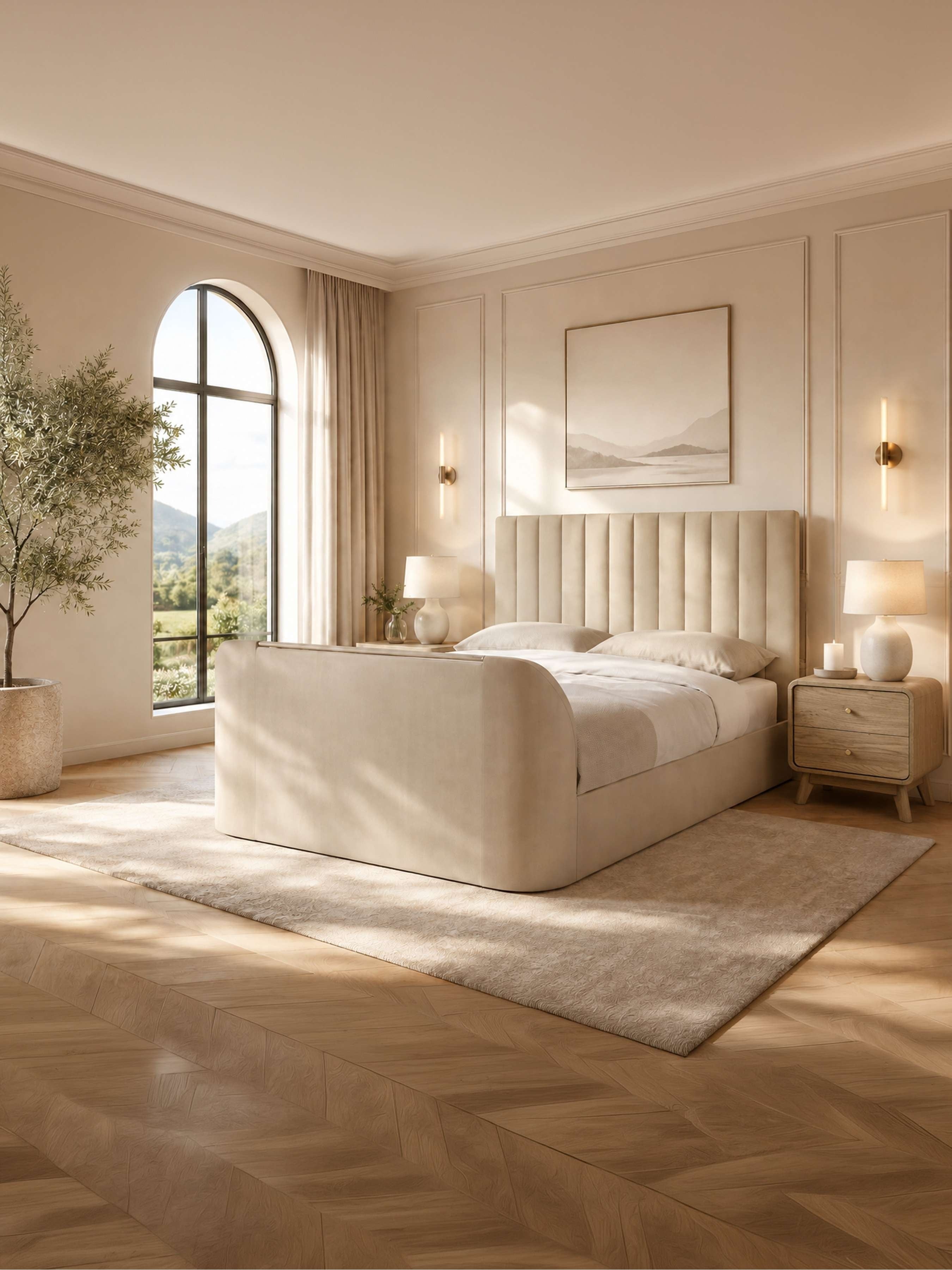 Julian Bowen Alana cream velvet TV bed with the TV lowered out of sight, in a bright bedroom