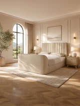 Julian Bowen Alana cream velvet TV bed with the TV lowered out of sight, in a bright bedroom