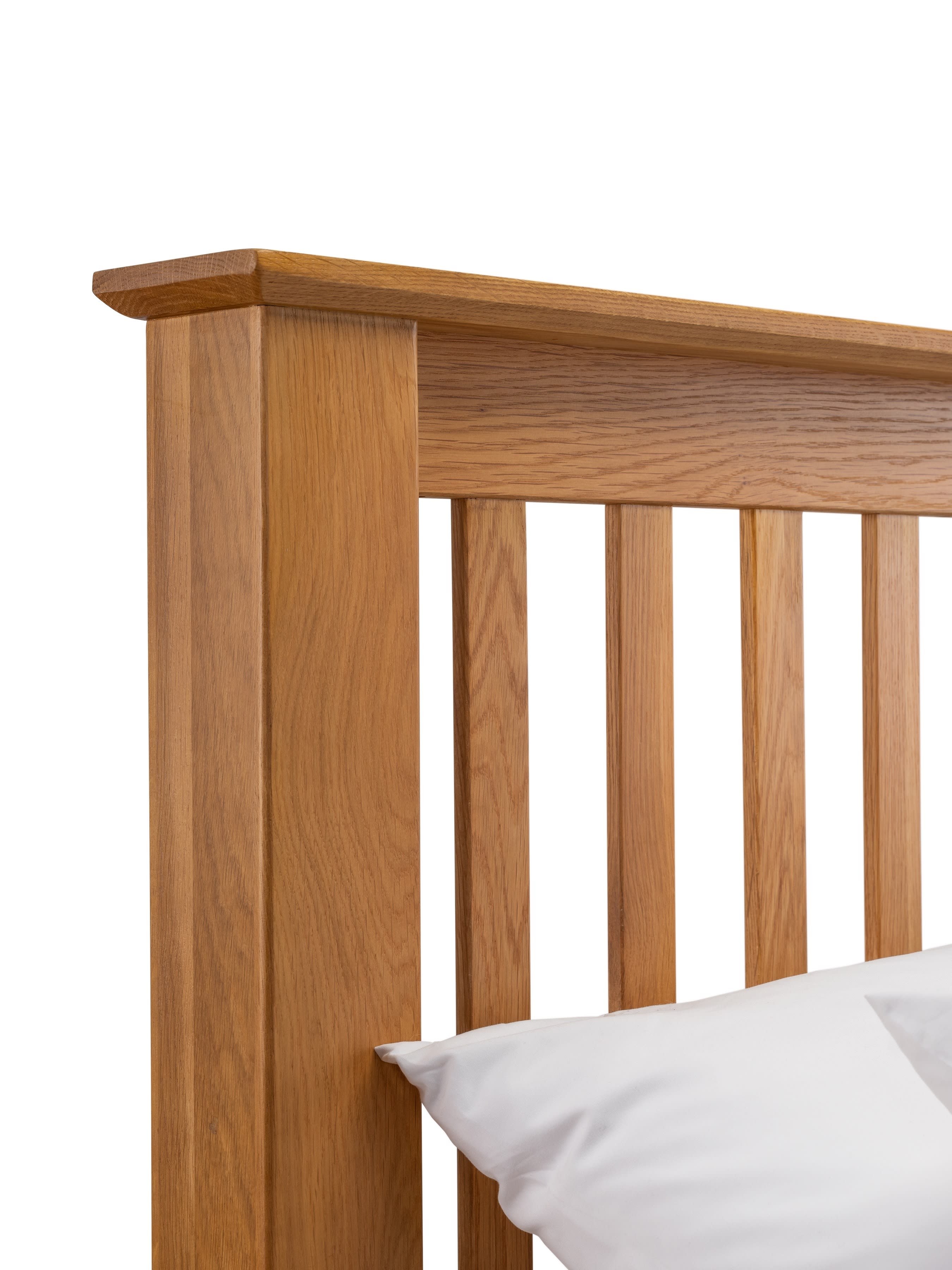 Amsterdam bed: oak post and slatted headboard, close up