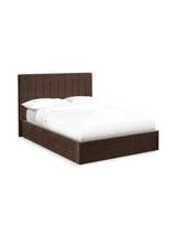 Julian Bowen Aylen chocolate velvet ottoman bed made up with white bedding, on a white background