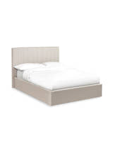 Julian Bowen Aylen oatmeal linen ottoman bed made up with white bedding, on a white background