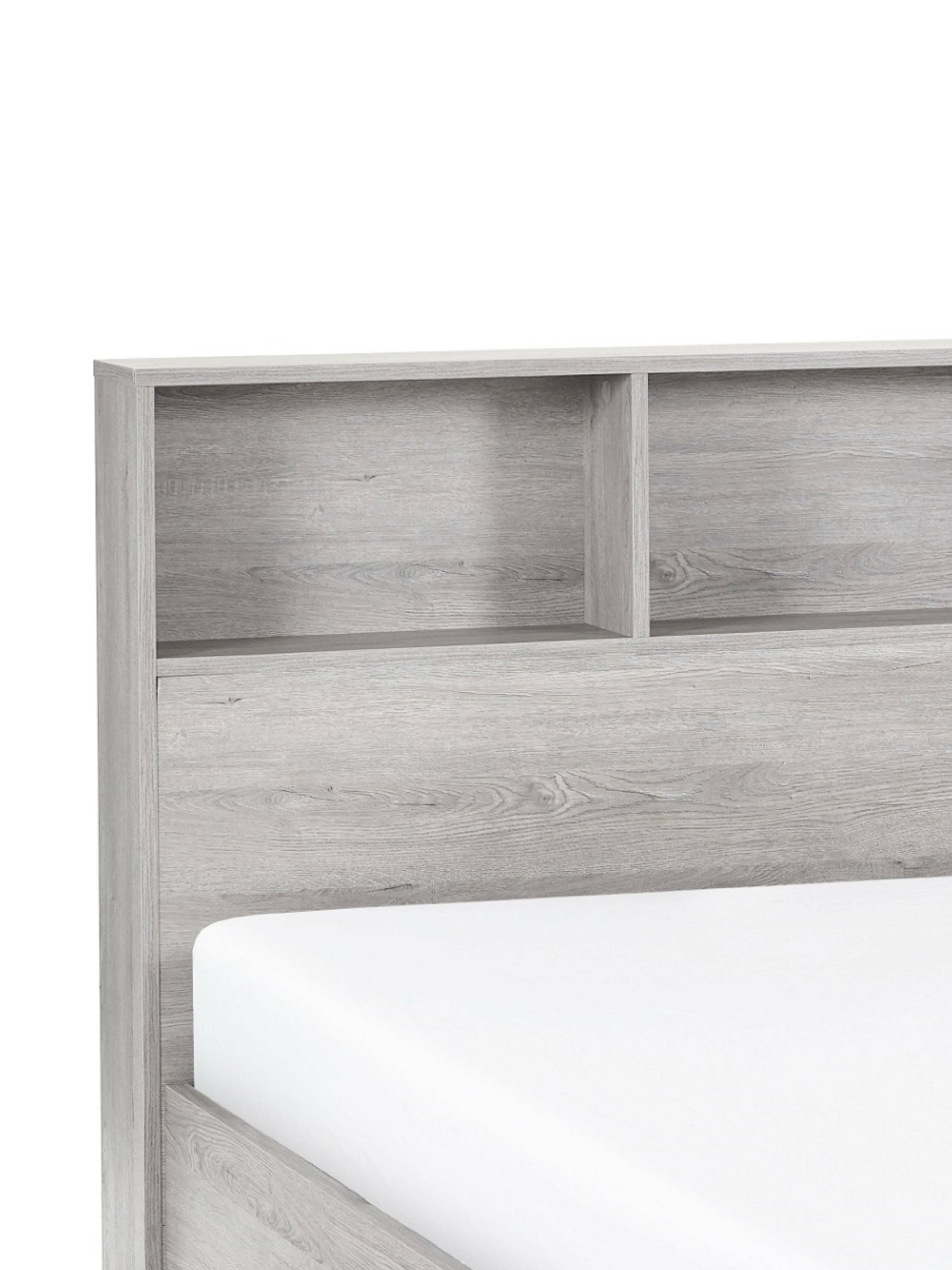 Bali ottoman bed: grey oak effect bookcase headboard shelves, close up