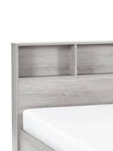 Bali ottoman bed: grey oak effect bookcase headboard shelves, close up