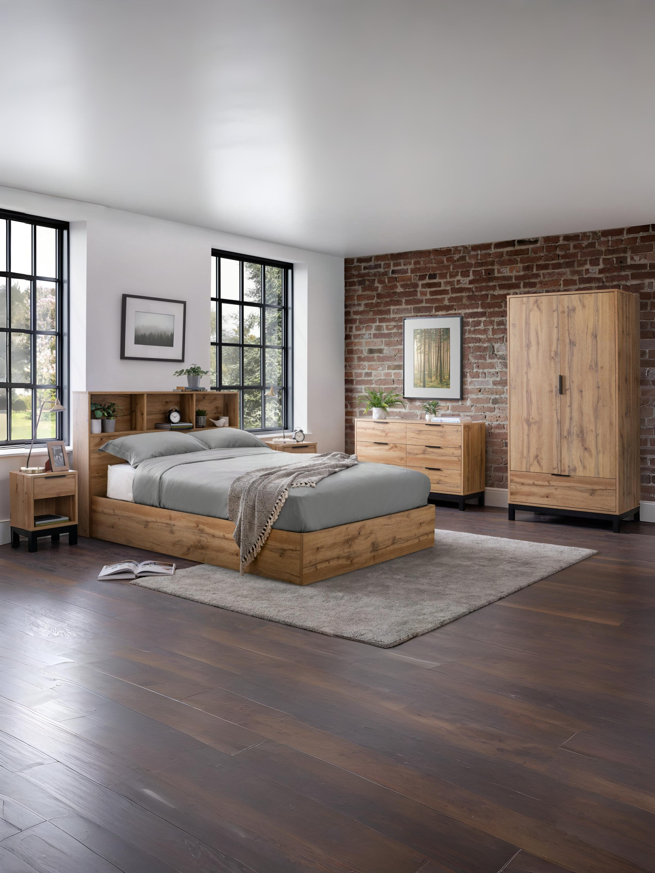 Julian Bowen Bali light oak effect ottoman bed in a loft bedroom, wide view