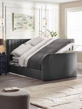 Julian Bowen Clara TV bed in dark grey velvet with the side lift ottoman open