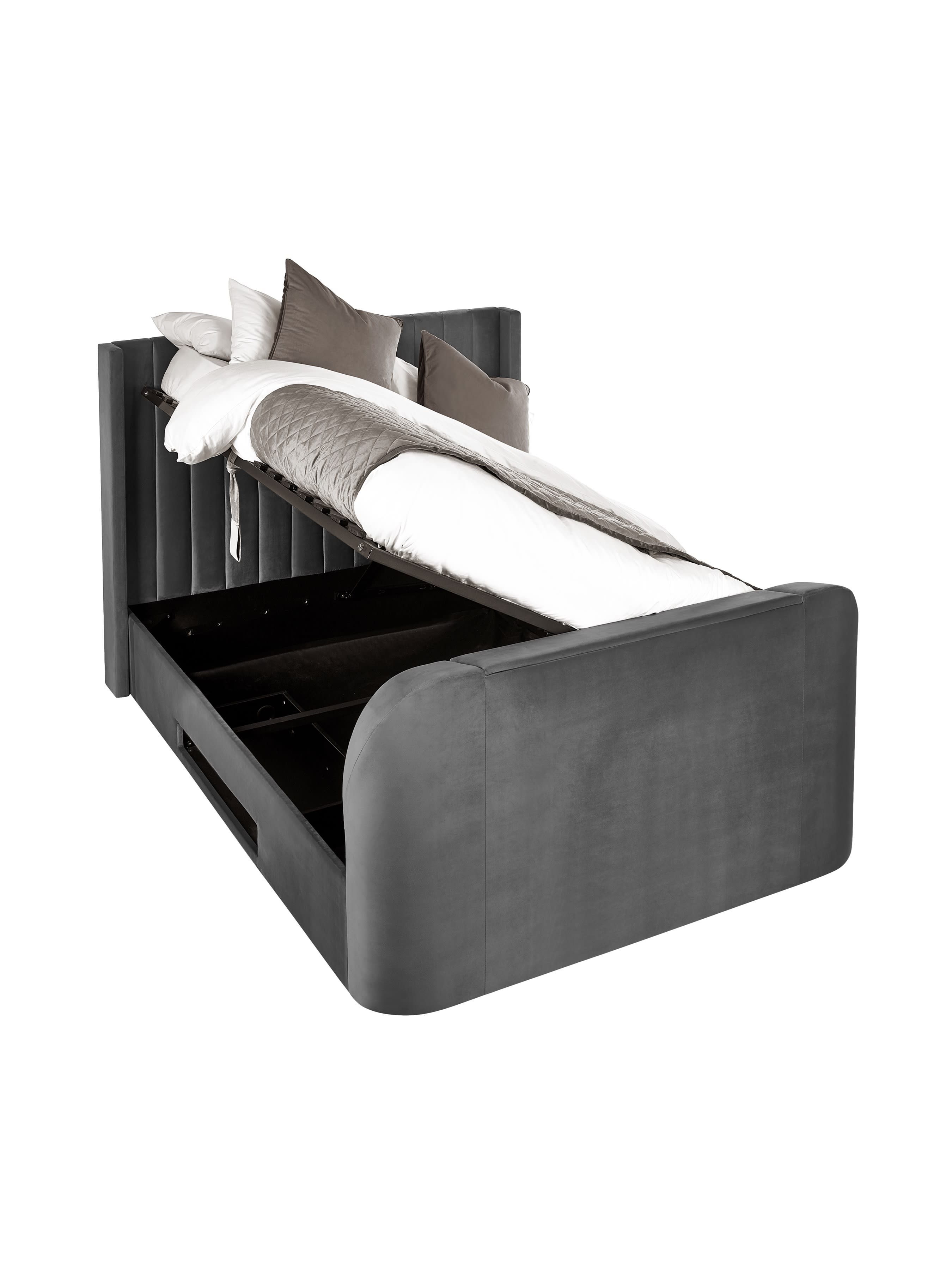 Clara TV bed in dark grey velvet: the base lifted from the side to show the storage