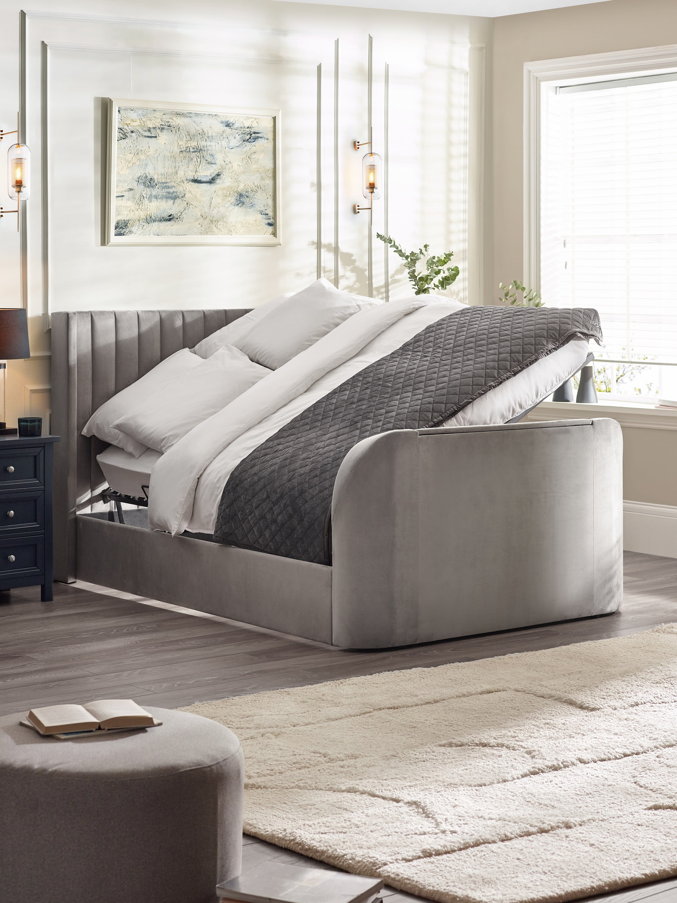 Julian Bowen Clara TV bed in light grey velvet with the side lift ottoman open