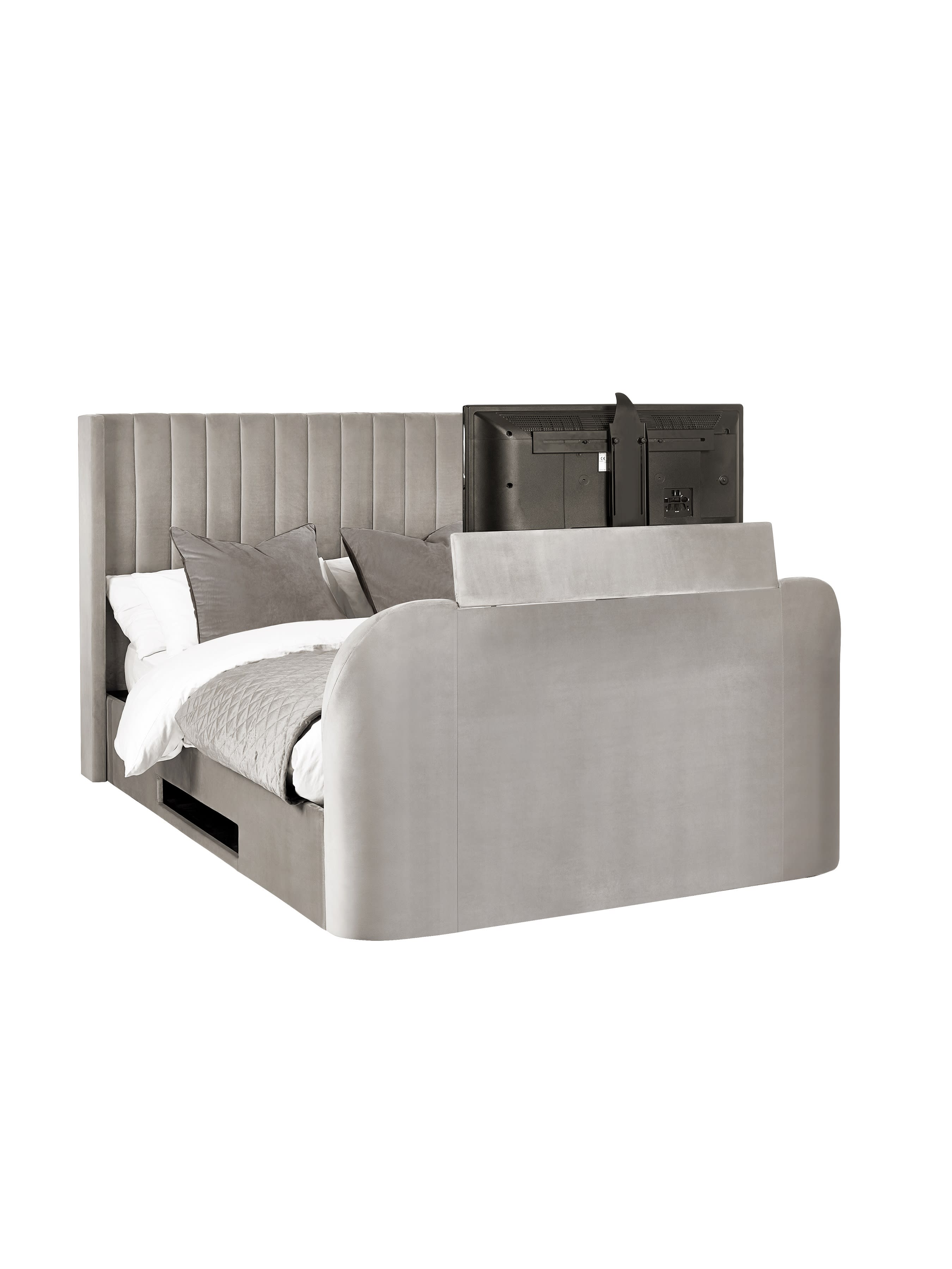 Clara TV bed: the TV lift raised out of the footboard