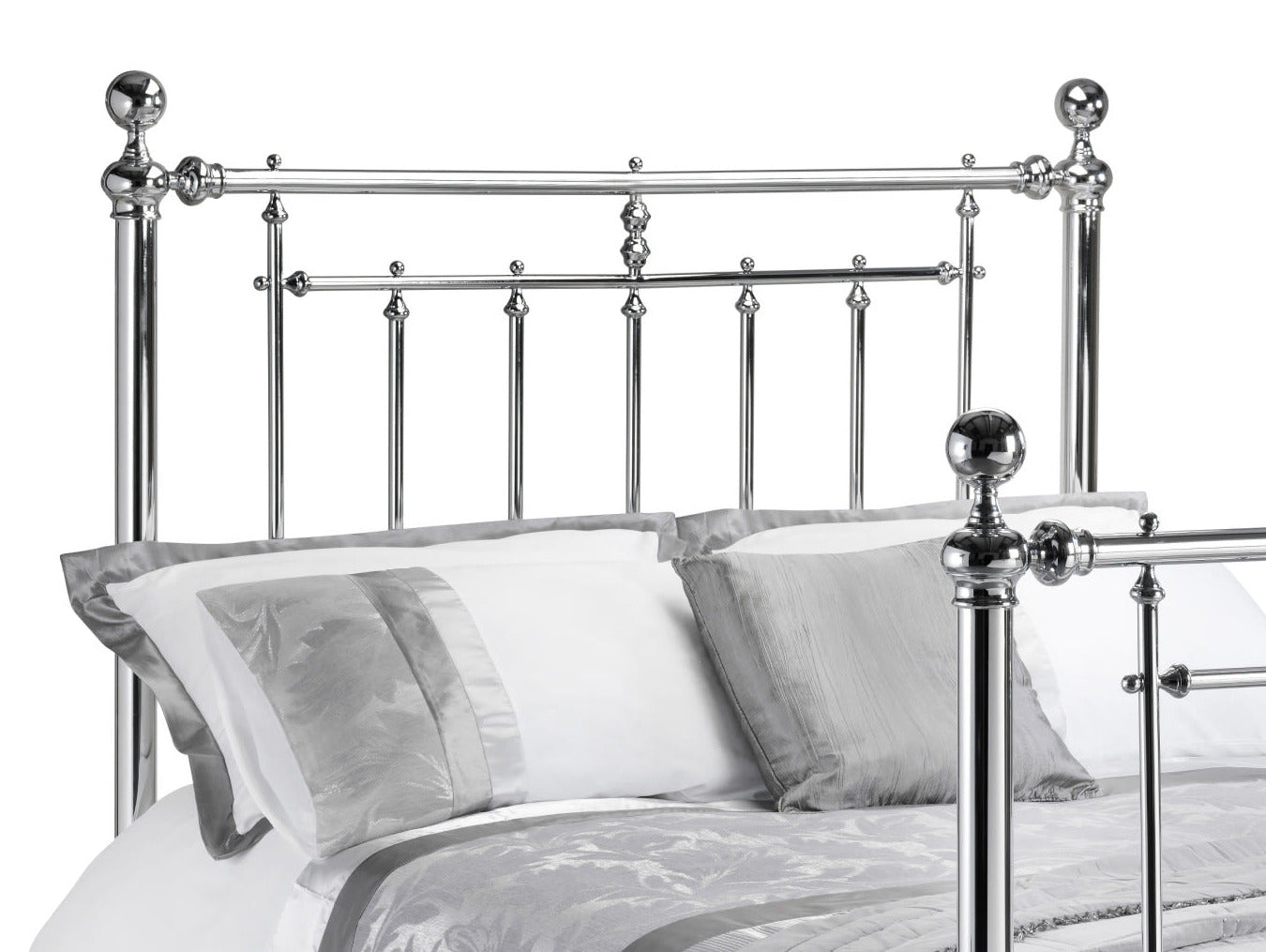Julian Bowen Empress chrome headboard with ball finials and turned spindles, close up