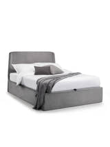 Julian Bowen Frida grey velvet ottoman bed made up with bedding, on a white background