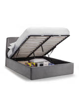Frida ottoman bed with the base lifted to show the storage, on a white background