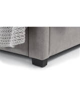 Fullerton bed: corner of the grey linen base and its foot, close up