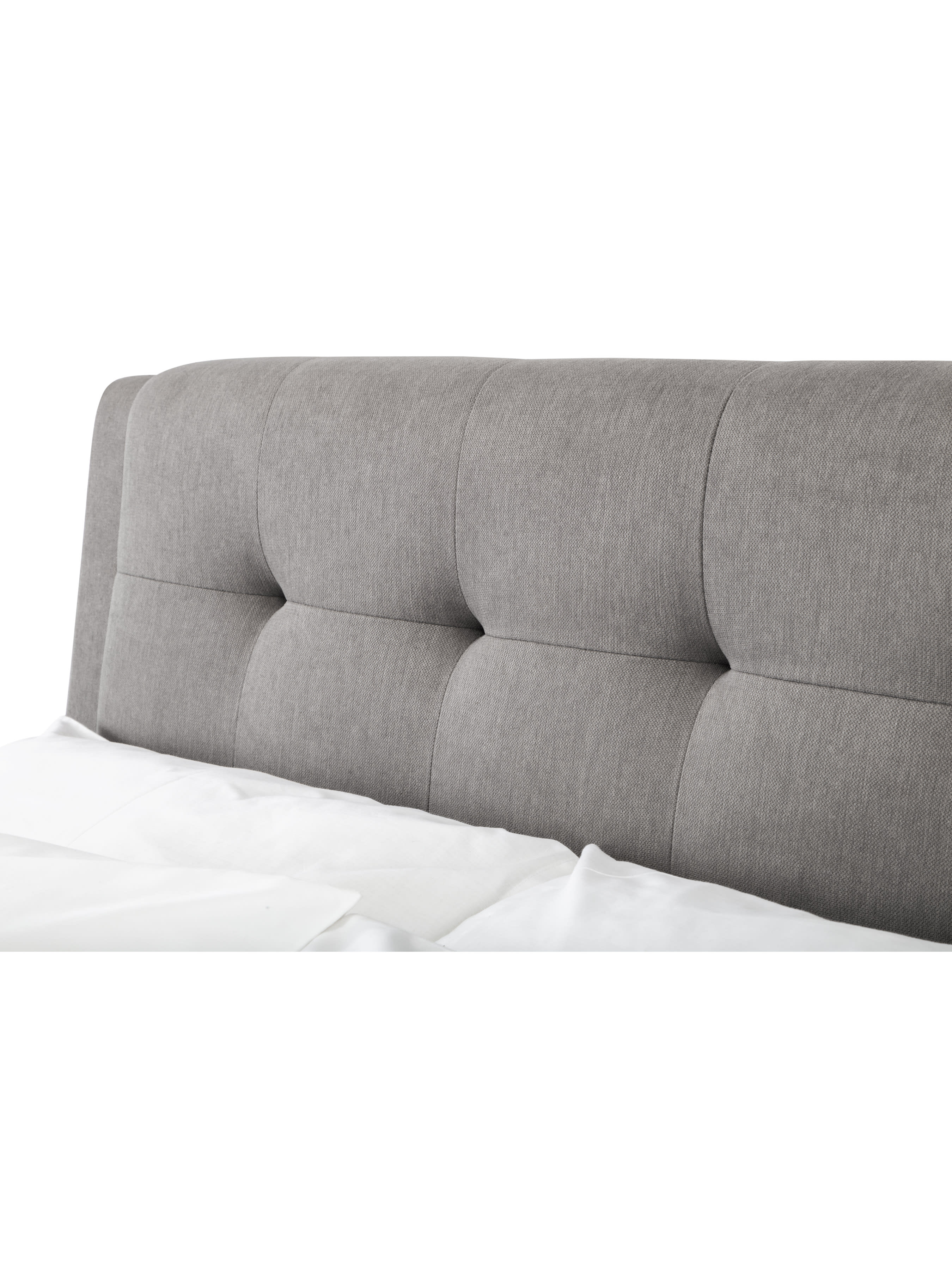 Fullerton bed: buttoned grey headboard, close up