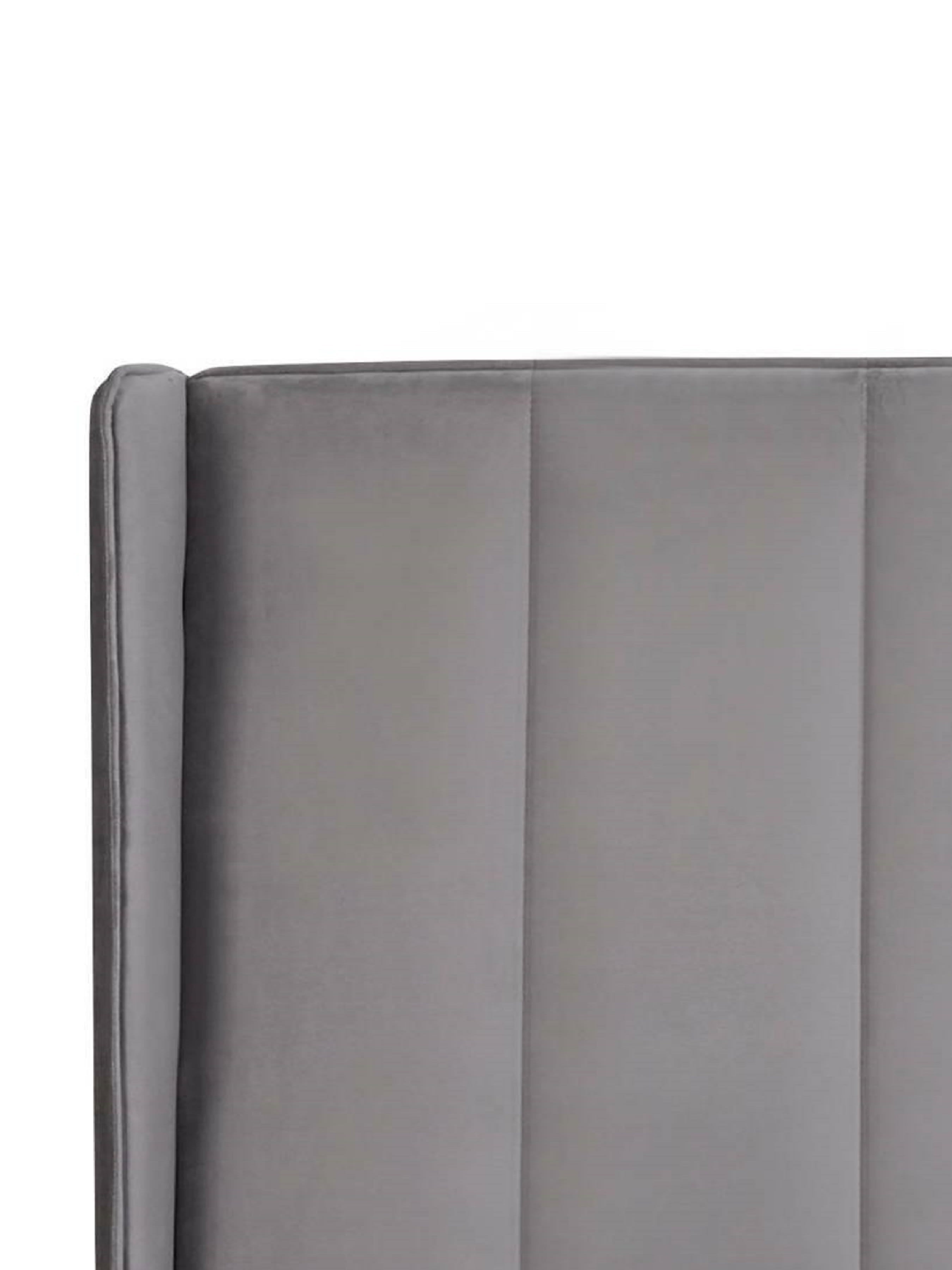 Katie bed: grey velvet headboard in vertical channels, close up