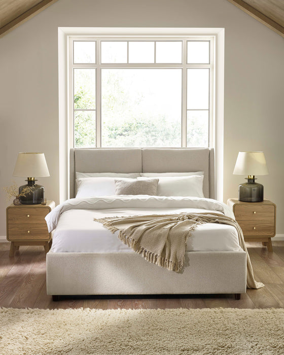 Julian Bowen Maddock beige linen ottoman bed with a two panel headboard, in a bright bedroom