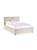 Julian Bowen Maddock beige linen ottoman bed made up with bedding, on a white background