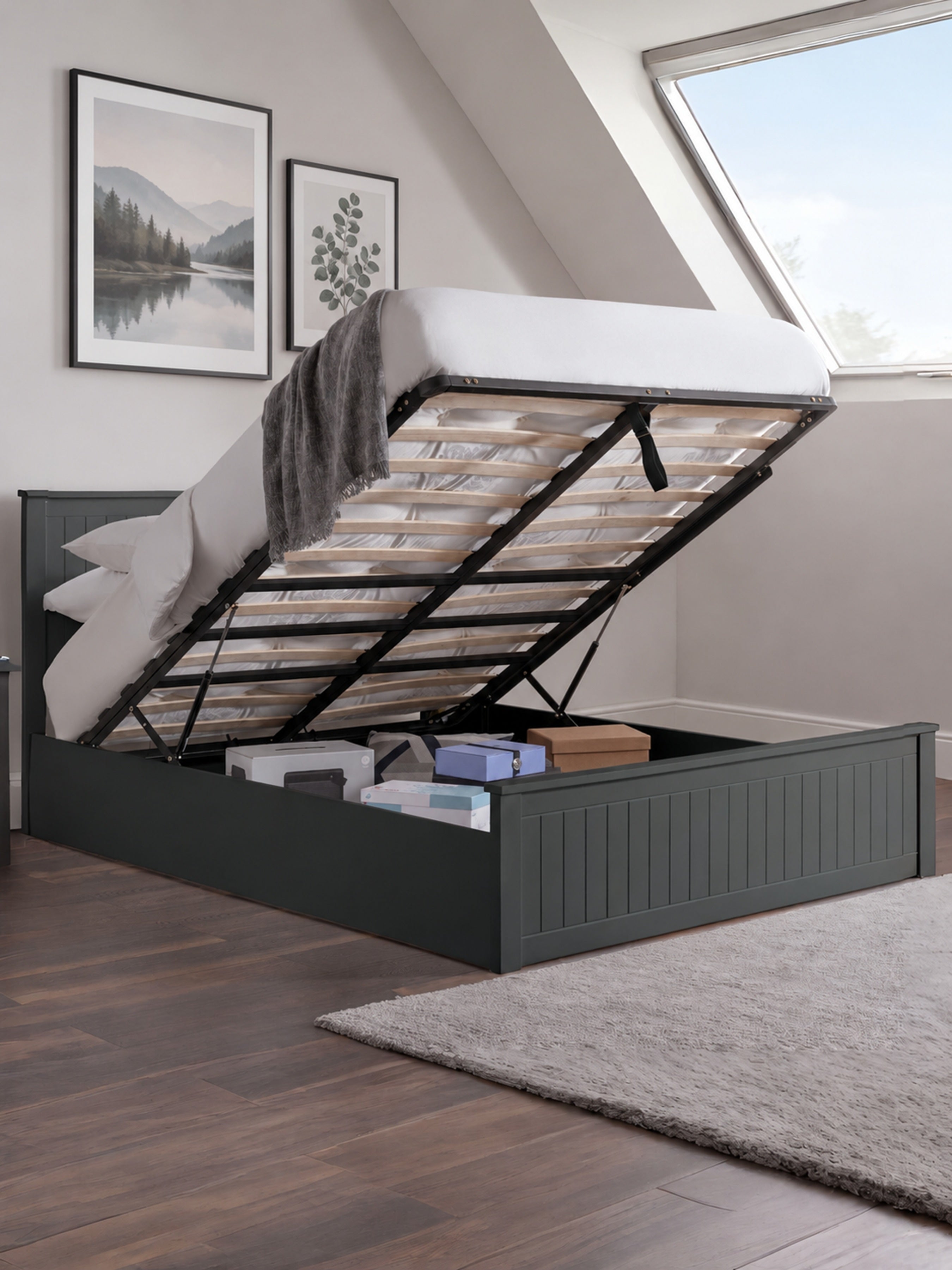 Julian Bowen Maine anthracite ottoman bed with the base lifted to show the storage