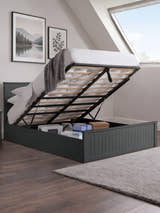 Julian Bowen Maine anthracite ottoman bed with the base lifted to show the storage