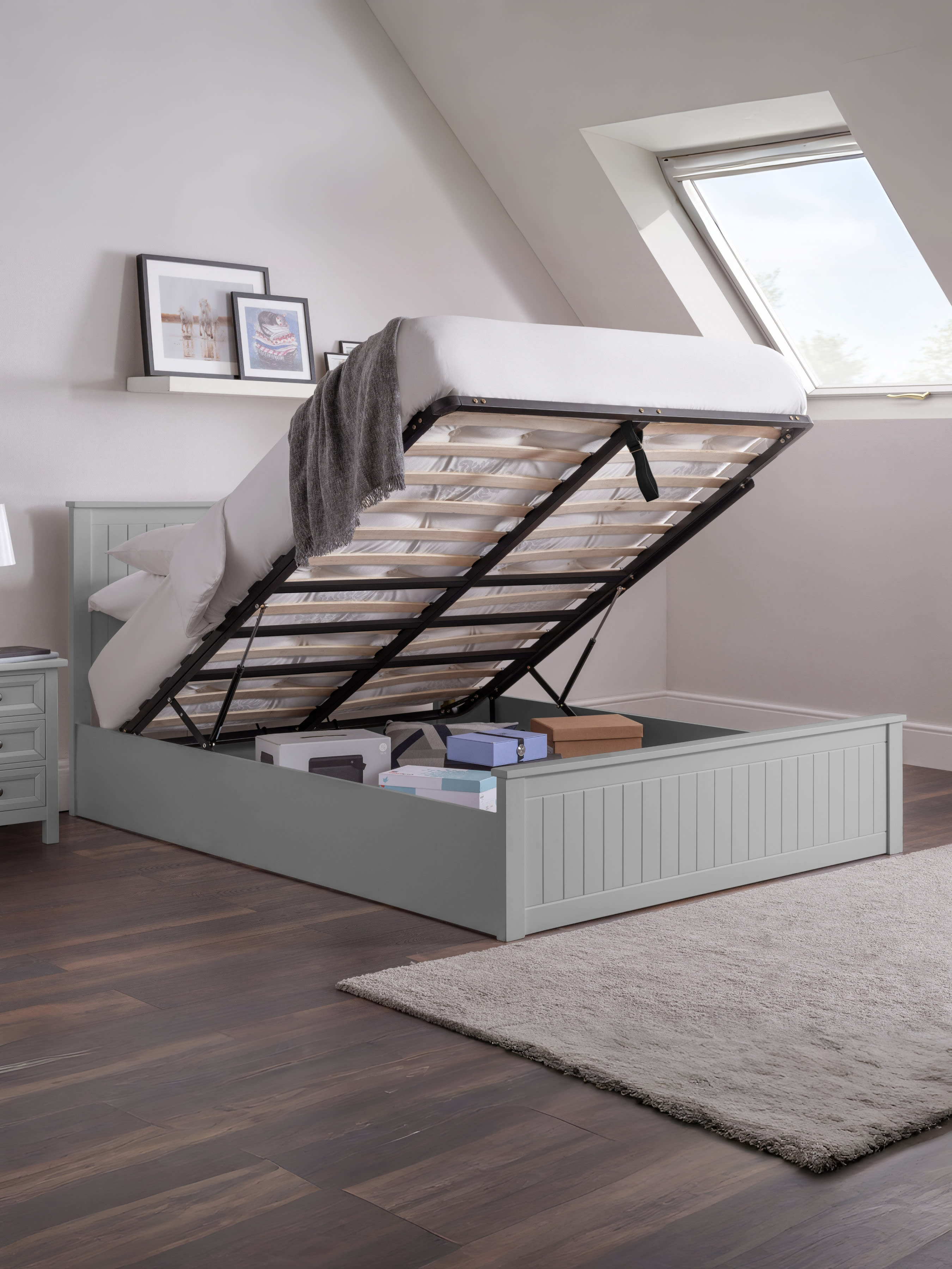 Julian Bowen Maine dove grey ottoman bed with the base lifted to show the storage