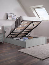 Julian Bowen Maine dove grey ottoman bed with the base lifted to show the storage