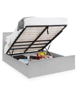 Julian Bowen Maine dove grey ottoman bed with the gas lift base open, on a white background