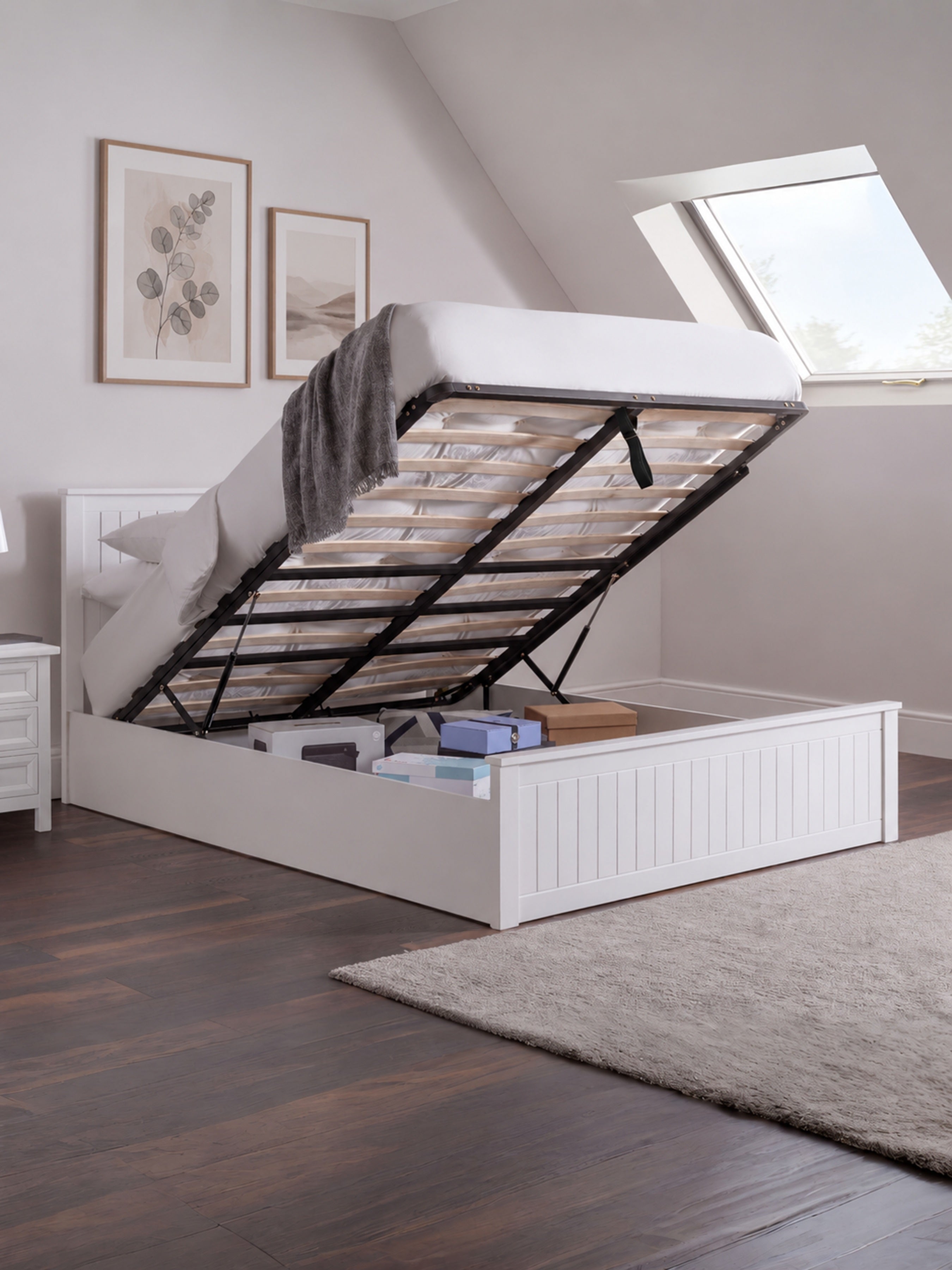 Julian Bowen Maine surf white ottoman bed with the base lifted to show the storage