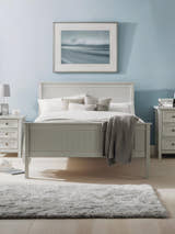 Julian Bowen Maine bed in dove grey, in a bedroom with blue walls