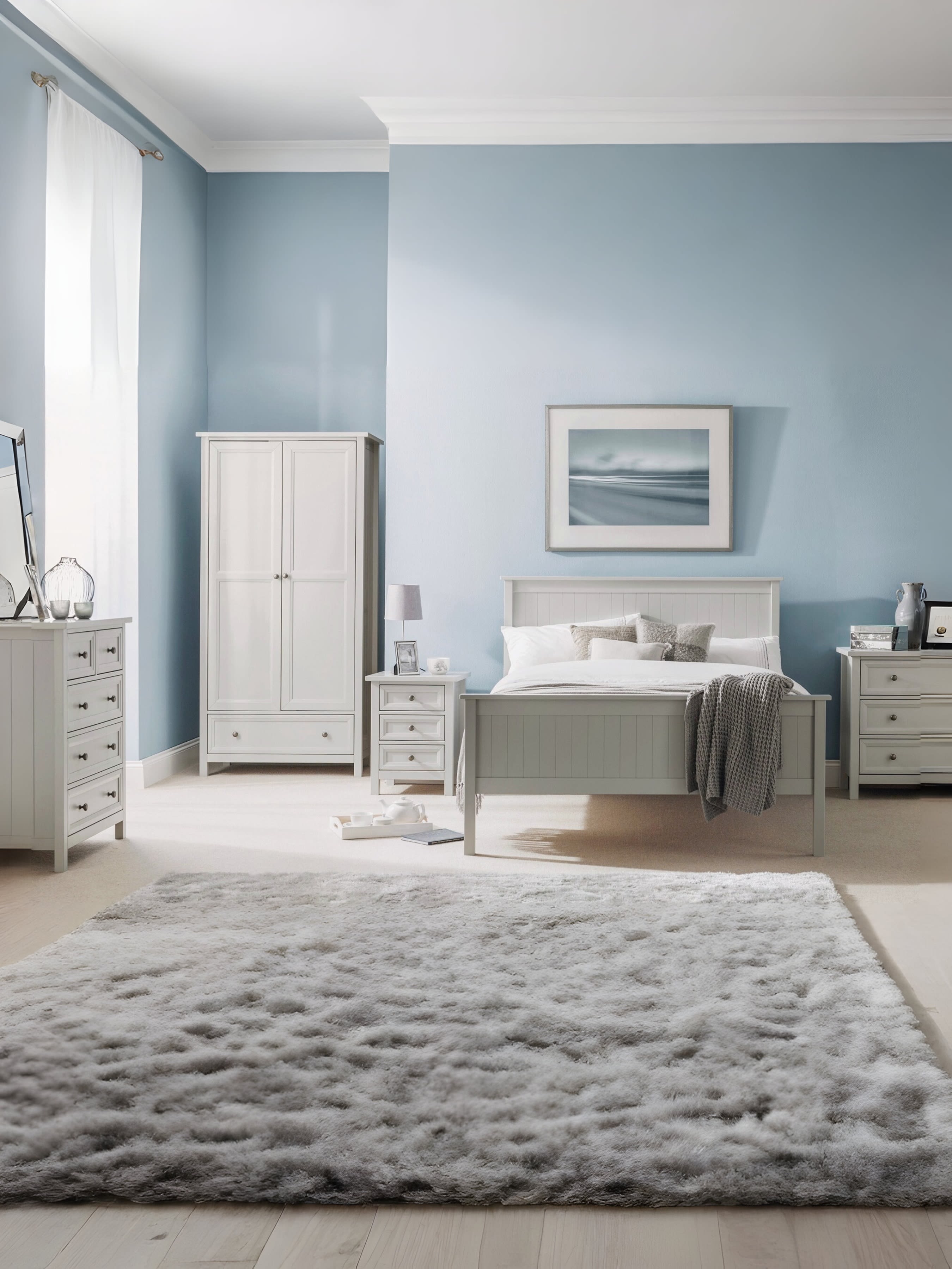 Julian Bowen Maine dove grey bed with matching furniture, wide view of the bedroom