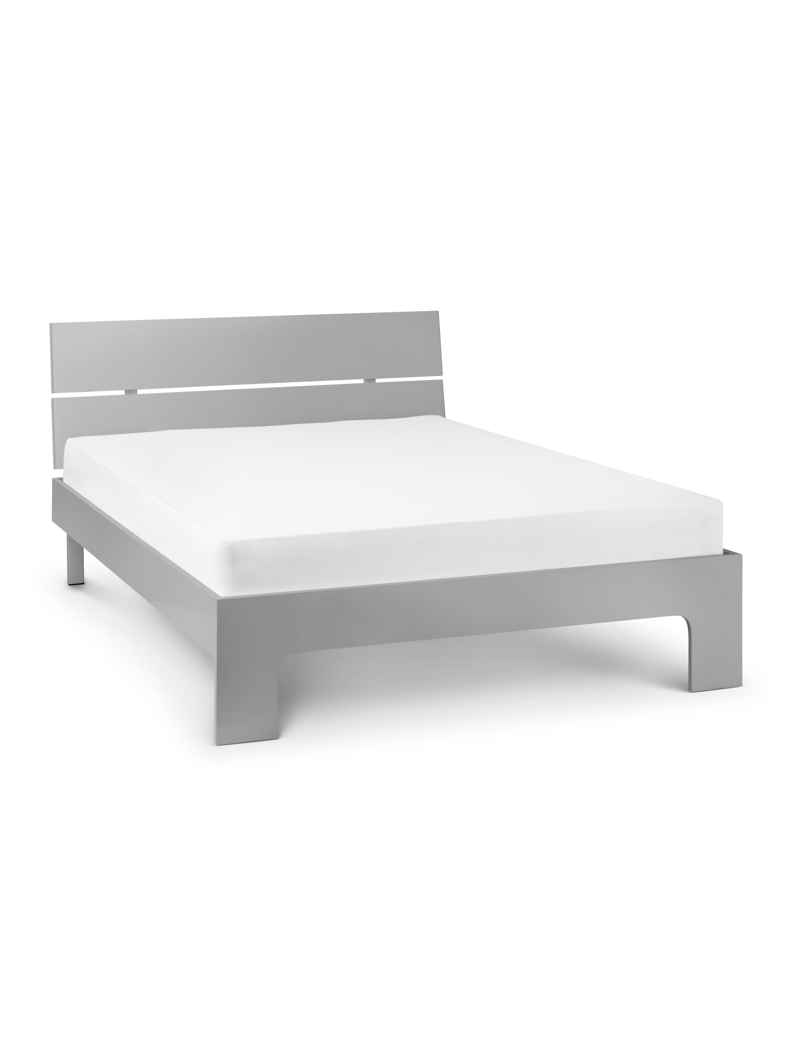 Julian Bowen Manhattan grey high gloss bed with a bare mattress, showing the slotted headboard