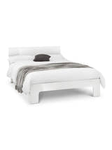 Julian Bowen Manhattan white high gloss bed made up with a brown throw, on a white background