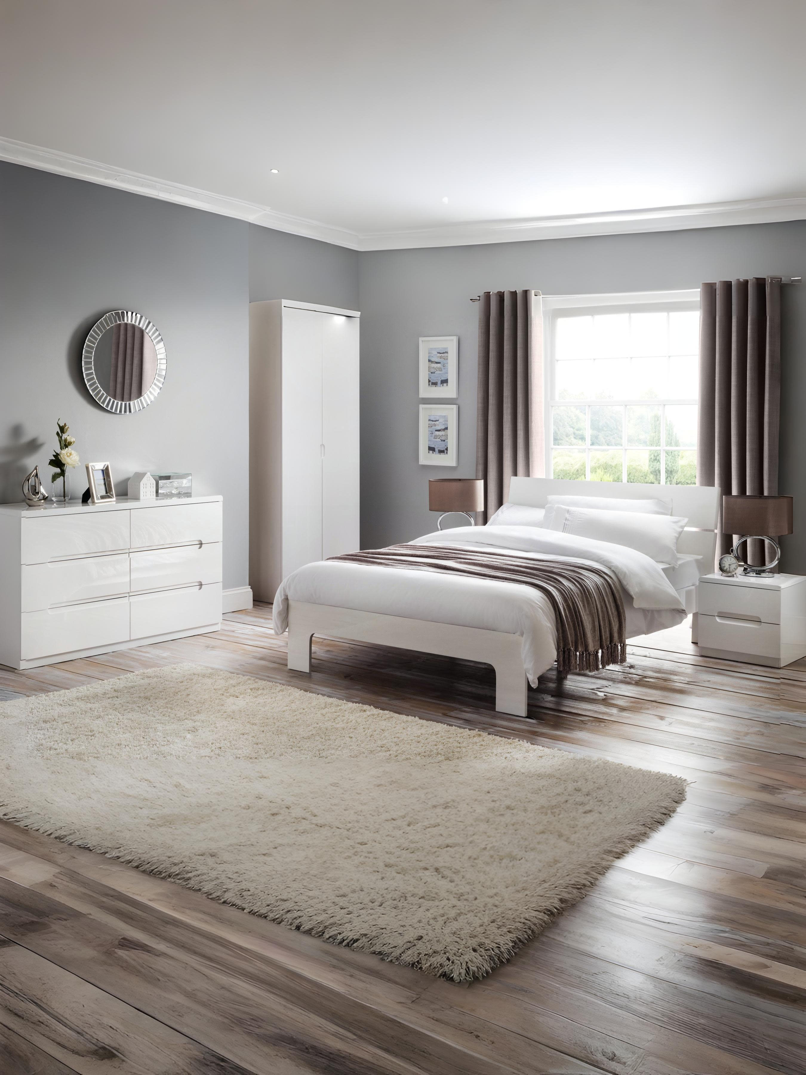 Julian Bowen Manhattan white high gloss bed in a bedroom with matching furniture, wide view