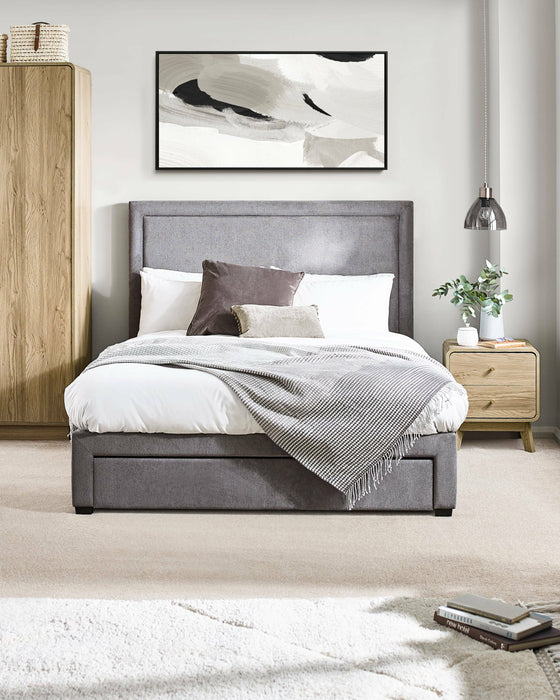 Julian Bowen Mayfair 4 drawer storage bed in grey linen style fabric, in a bedroom