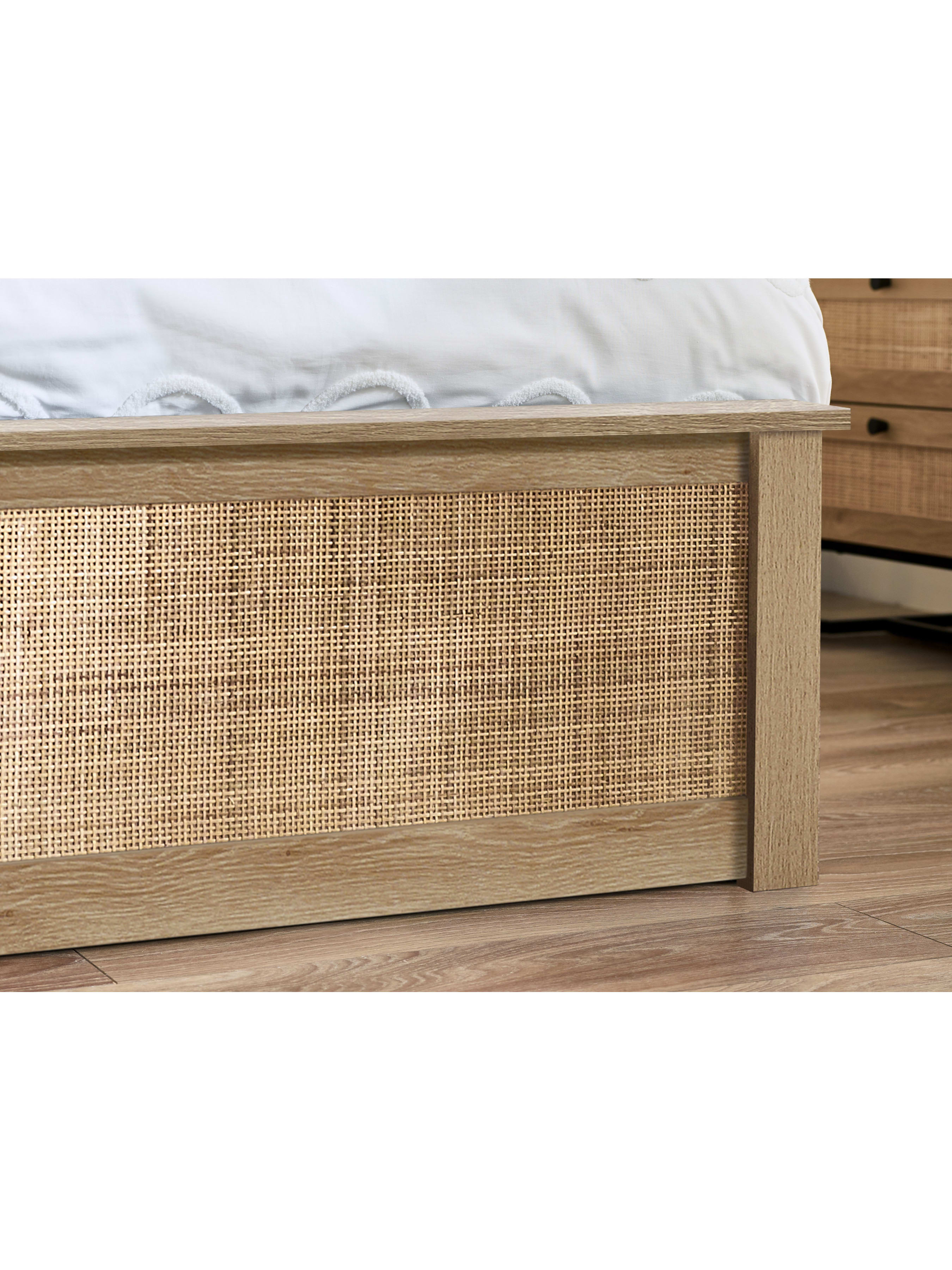Padstow ottoman bed: woven rattan footboard panel, close up