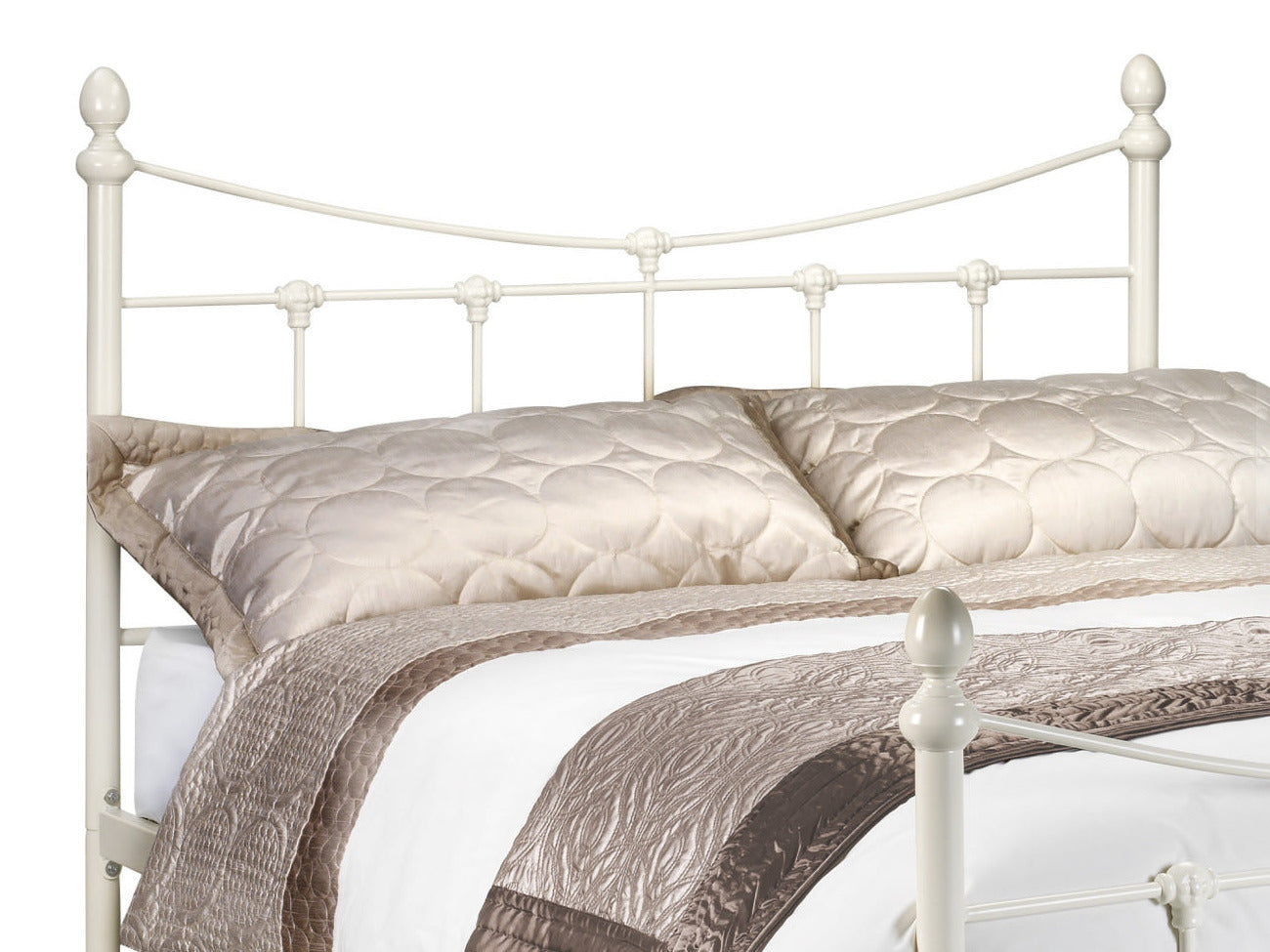 Julian Bowen Rebecca stone white metal headboard with a curved top rail and finials, close up