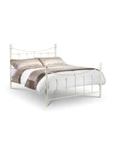 Julian Bowen Rebecca stone white metal bed made up with bedding, on a white background